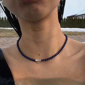 Delicate Lapis Lazuli choker with star charm, elegant beaded necklace for woman, natural stone gift for her, anniversary gift for girl
