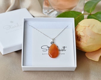 Carnelian Drop Pendant necklace Sterling Silver, orange gemstone pendant