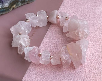 Raw Rose Quartz bracelet, rough pink bracelet,natural stone gift for women, luxury packed, crown chakra jewelry, yoga jewelry