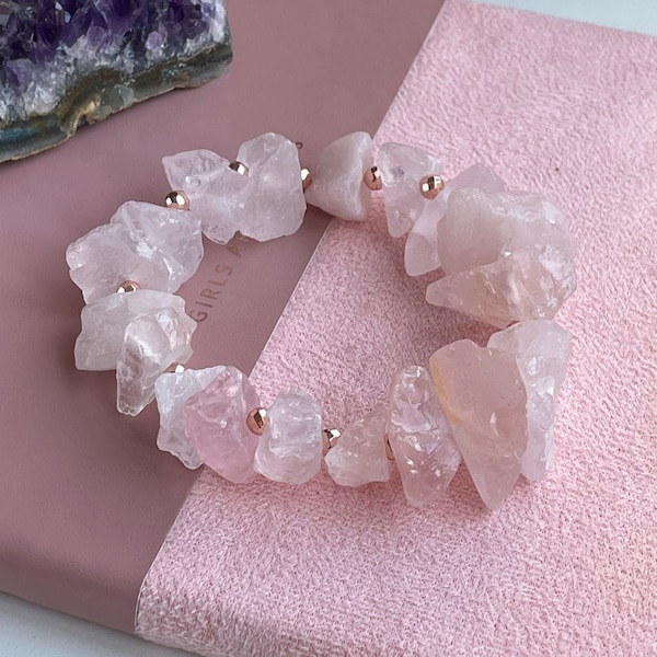 Bracelet en quartz rose brut, bracelet rose brut, cadeau en pierre naturelle pour femme, emballage de luxe, bijoux de chakra couronne, bijoux de yoga