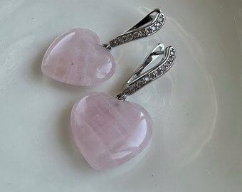 Rose Quartz Heart Earrings, zircon diamonds, Silver Statement Earrings, Gift for girl,  Summer Jewelry, natural jewelry, Bridesmaid Jewelry