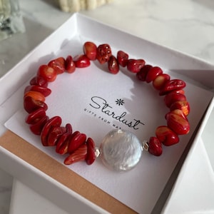Elegant Red Coral chip bracelet with Baroque Pearl, Elegant Coral jewellery,  Handmade Stone Jewelry
