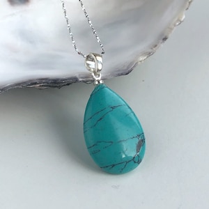 May include: A silver necklace with a teardrop-shaped turquoise pendant. The pendant is a vibrant teal color with dark veining. The necklace chain is delicate and silver, and the pendant is suspended from a silver bail.