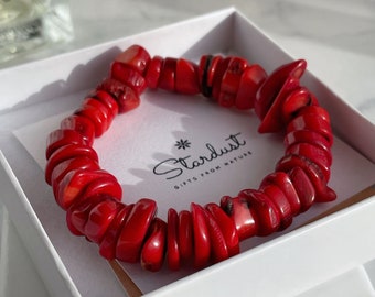 Exquisite Chunky Red Coral bracelet, gift for mother, Handmade Stone Jewelry, Valentines Day Gift for Her, Heishi bead bracelet