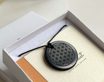 Elite Shungite Pendant with laser engraving Flower of life, Abstract pendant Shungite, birthday gift for her