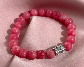 Rose Jade beaded bracelet, silver zircon bead, Pink Jade bracelet, boho jewelry, natural bright pink bracelet