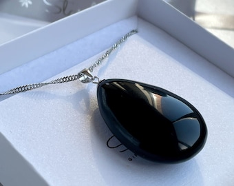 Jet Black Genuine Obsidian drop pendant 4cm, protection pendant, chakra healing jewelry, gift for her, big black crystal necklace