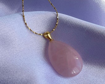 Rose Quartz Drop Pendant, stainless steel chain, 18k gold filled chain, rose quartz pendant gift, gemstone gift for her