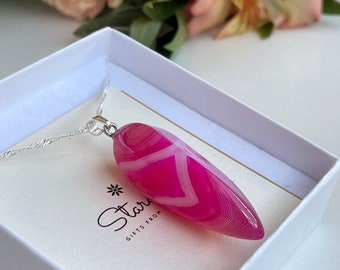 Magenta PINK AGATE Point Pendant Large  crystal necklace Gift for her, Healing Chakra jewelry, heart chakra stone
