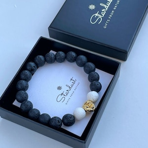 高級溶岩石ライオンヘッドブレスレット、ブラックビーズメンズブレスレット 14K ゴールドライオンヘッド、ホワイトコーラルブレスレット