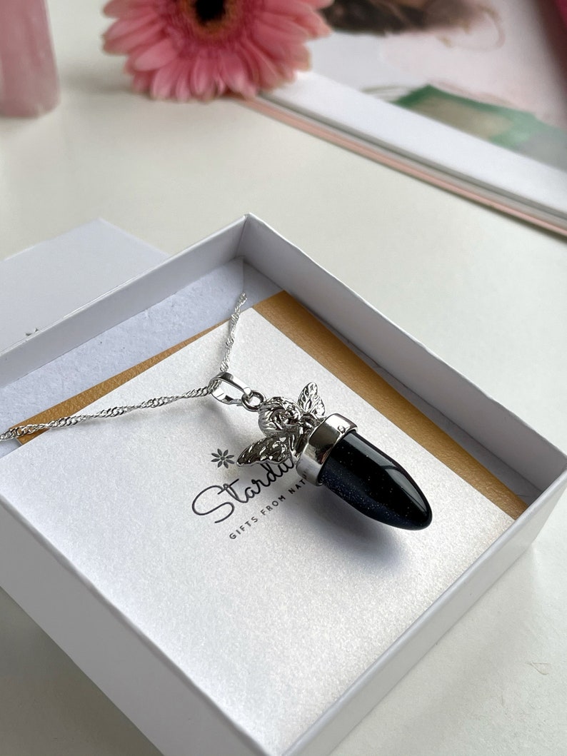 gift for her bridesmaid gift luxury gift for woman Goldstone Angel Pendant blue point necklace