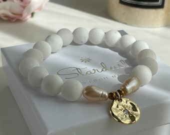 Luxury White Coral beaded bracelet with creamy pearls, gold coin charm, Matte white beaded bracelet; gift for girlfriend