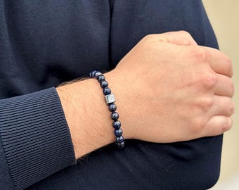 Lapis Lazuli mens bracelet with silver cube, blue bracelet for him Luxury Gift for him 8mm bead jewelry, Luxury Gear