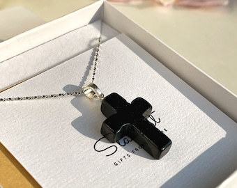 Pendentif croix en obsidienne noire, bijoux en pierre naturelle sculptés à la main, collier original, cristaux curatifs, cadeau pour elle