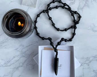 Mens large bead necklace with horn, stylish gift for men, gift for boyfriend black onyx necklace