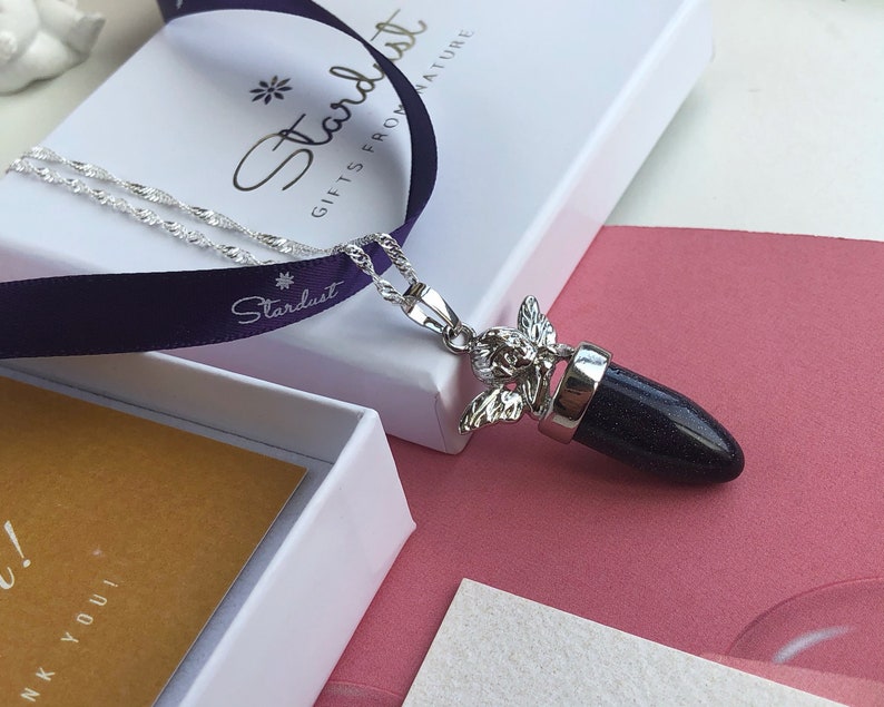 gift for her bridesmaid gift luxury gift for woman Goldstone Angel Pendant blue point necklace