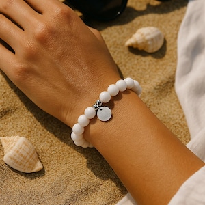 White Agate & Silver Hematite Bracelet – 8mm Beads, Natural stone bracelet gift, Birthday gift for woman, Elegant summer jewelry