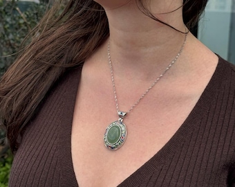 Aventurine Necklace, Green Crystal Pendant, Vintage Frame Gemstone Jewelry, Lucky Stone Necklace, Elegant Gift for Her