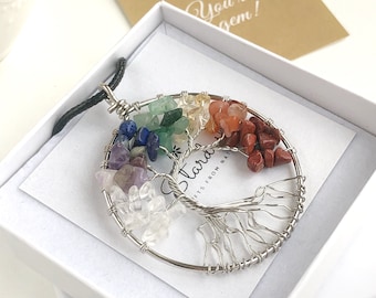 Rainbow Tree of Life necklace,  7 Chakra round pendant, Yoga jewelry, Healing chakra jewelry, Gift For Women, healing stones