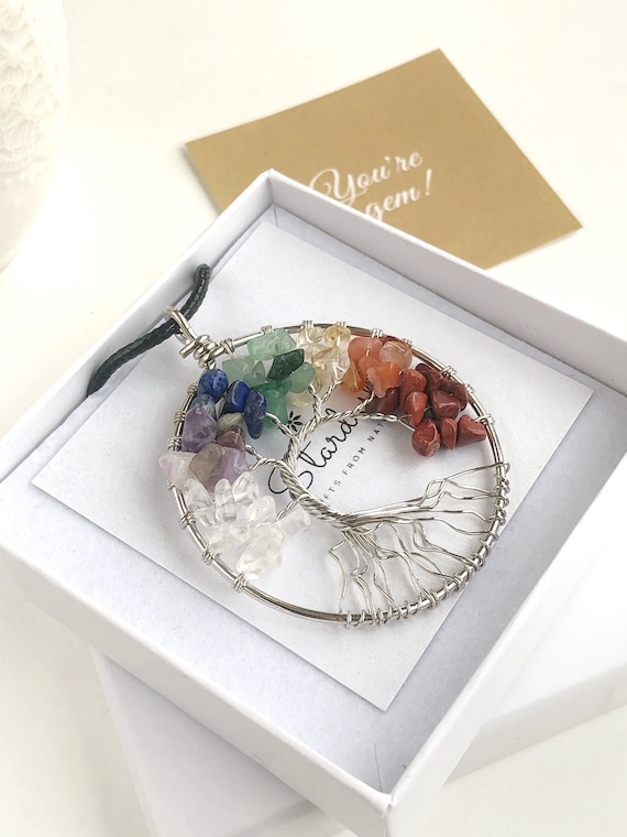 Rainbow Tree of Life Necklace 7 Chakra Round Pendant Yoga | Etsy