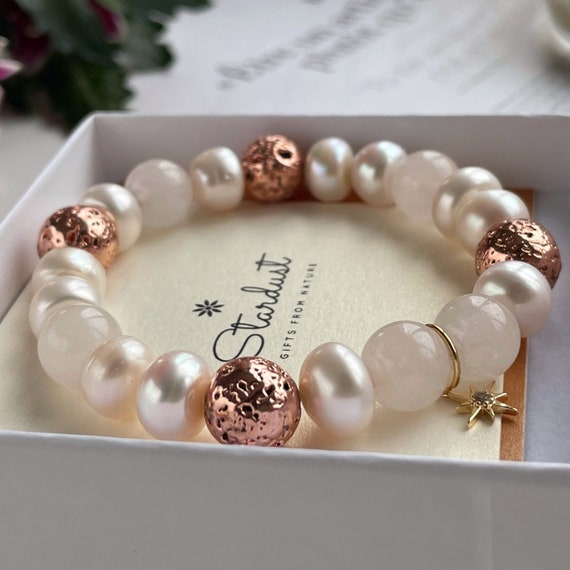 Luxury Bracelet From Natural Pearls, Rose Quartz and Rose Gold, CZ Diamonds  North Star Charm, Gift for Women - Etsy