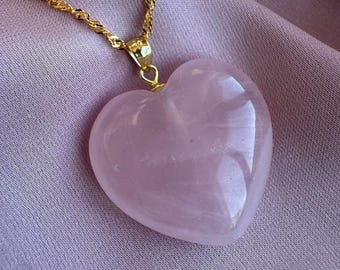 Pink Heart Rose Quartz Pendant, 18k Gold filled 'Wave' chain, rose quartz jewelry, romantic gift for girlfriend