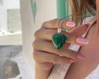 Malachite Heart pendant, green natural necklace, african stone, gift for her, greenheart pendant, emotion healing stone