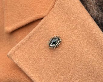 Protective Charm Blue Gold Evil Eye Brooch, Lucky Talisman Zircon Statement Jewelry, Artisan Giftable Gift Her
