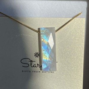 Long Rainbow Moonstone pendant 3cm x 1cm, luxury moonstone necklace, bar pendant, valentine&#39;s day gift for woman