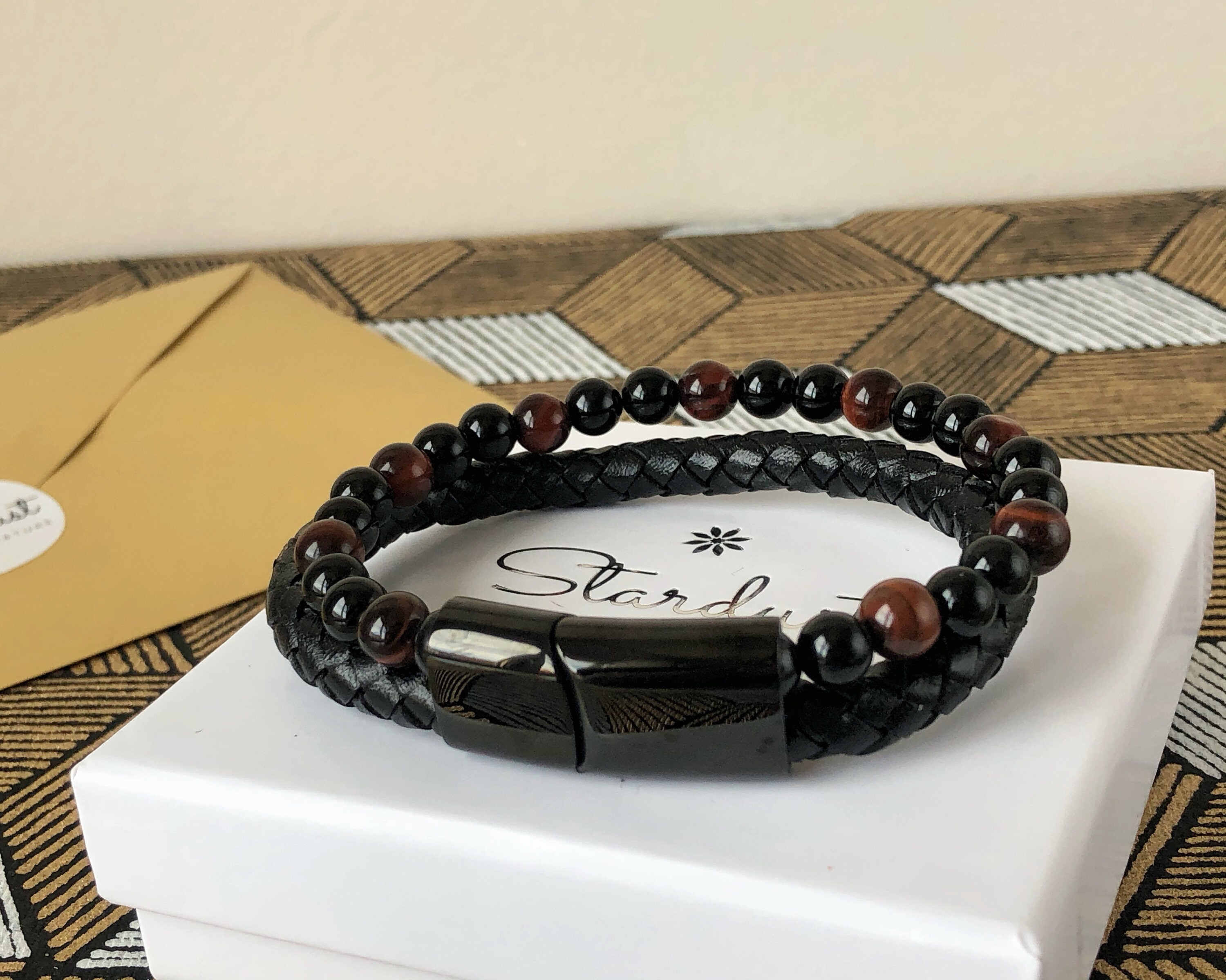 Bracciale Uomo Occhio Di Tigre E Pelle Nera - Con Incisione 'Ti Amo Per Sempre', Regalo Per Padre, Figlio O Partner