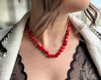 Exquisite Chunky Red Coral Necklace, gift for mother, Statement Jewelry, Handmade Stone Jewelry, Valentines Day Gift for Her