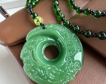 Large green Jade round Dragon Pendant 5cm, chakra healing pendant, gift for him, luxury packed, Gift for dad, Green Necklace