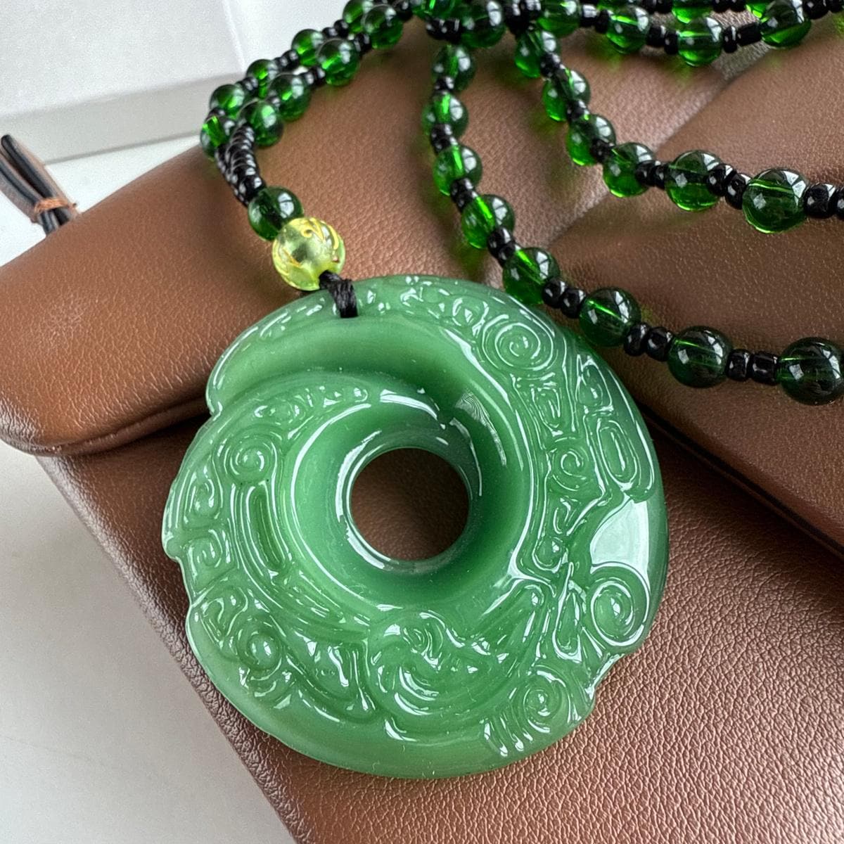 Large Green Jade Round Dragon Pendant, Chakra Healing Pendant