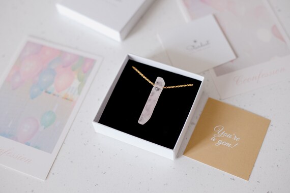Rose Quartz Bar Pendant on gold filled steel chain gift for her, healing crystal pendant