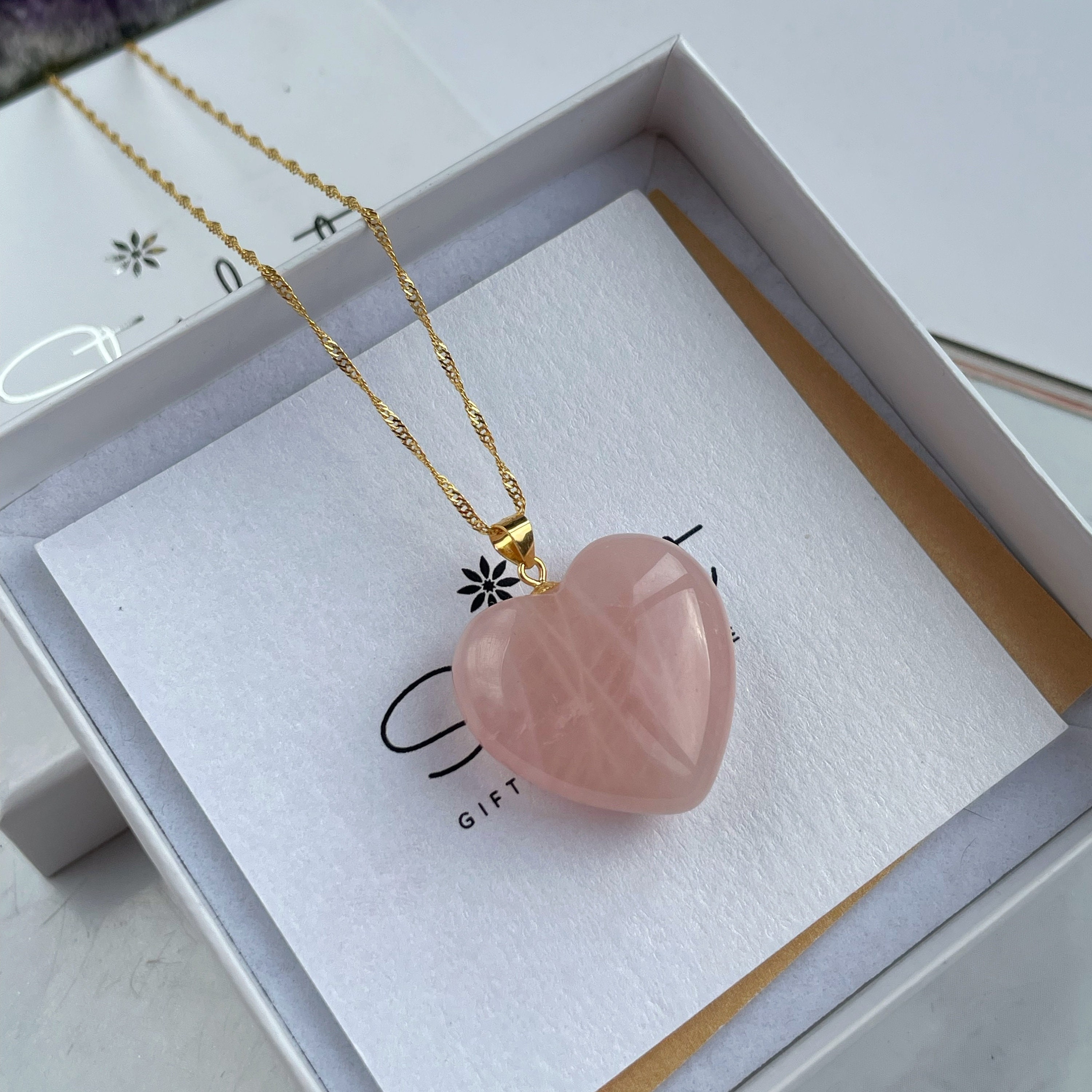 Pink Heart Rose Quartz Pendant, 18k Gold Filled 'wave' Chain