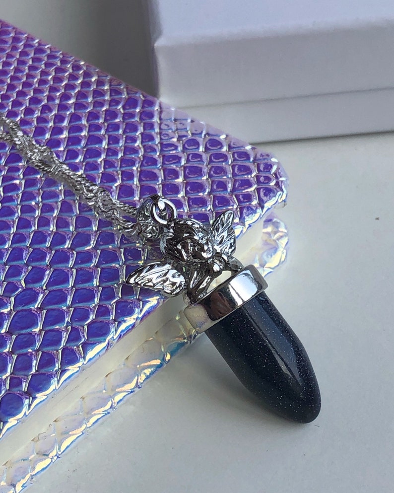 gift for her bridesmaid gift luxury gift for woman Goldstone Angel Pendant blue point necklace