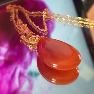 Carnelian Pendant, 18k Gold filled &#39;Wave&#39; chain, Sterling Silver chain, Birthday gift for her, orange gemstone pendant