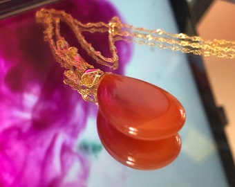 Carnelian Pendant, 18k Gold filled &#39;Wave&#39; chain, Sterling Silver chain, Birthday gift for her, orange gemstone pendant
