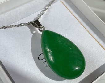 Large Green Aventurine Drop Pendant 4cm, vibrant color aventurine necklace, silver chain, special gift for woman