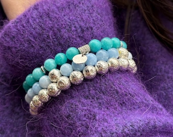 Blue Gemstone Agate Bracelet Stack, Spiritual Yoga Calming Gemstone Bracelet, Boho Gifting Gift Woman