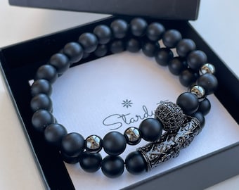 Black onyx mens bracelet set Matte black zircon bracelet Matte Protection bracelet Balance bracelet Black onyx 8mm bead jewelry  Luxury Gear
