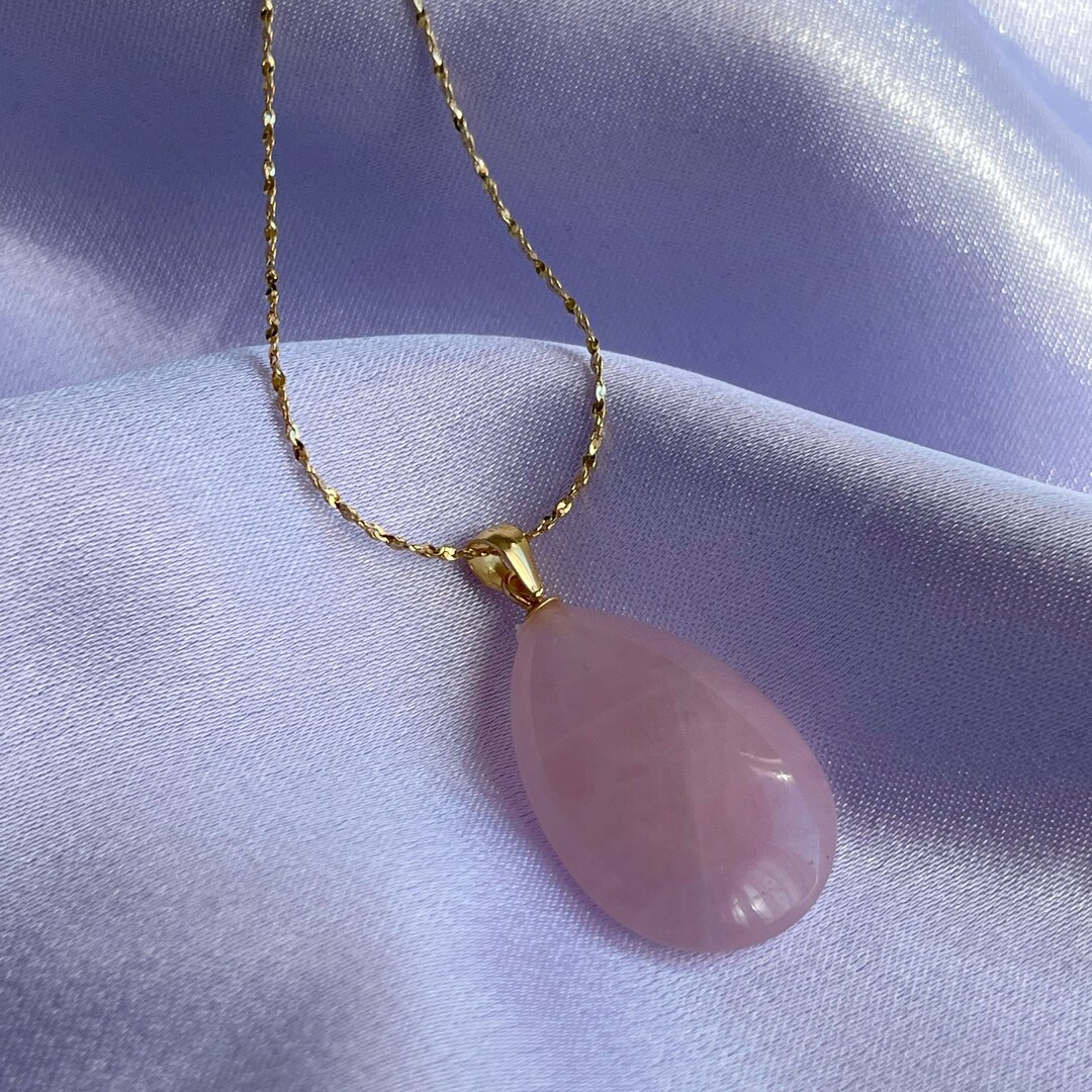 Rose Quartz Drop Pendant, Stainless Steel Chain, 18k Gold Filled Chain ...
