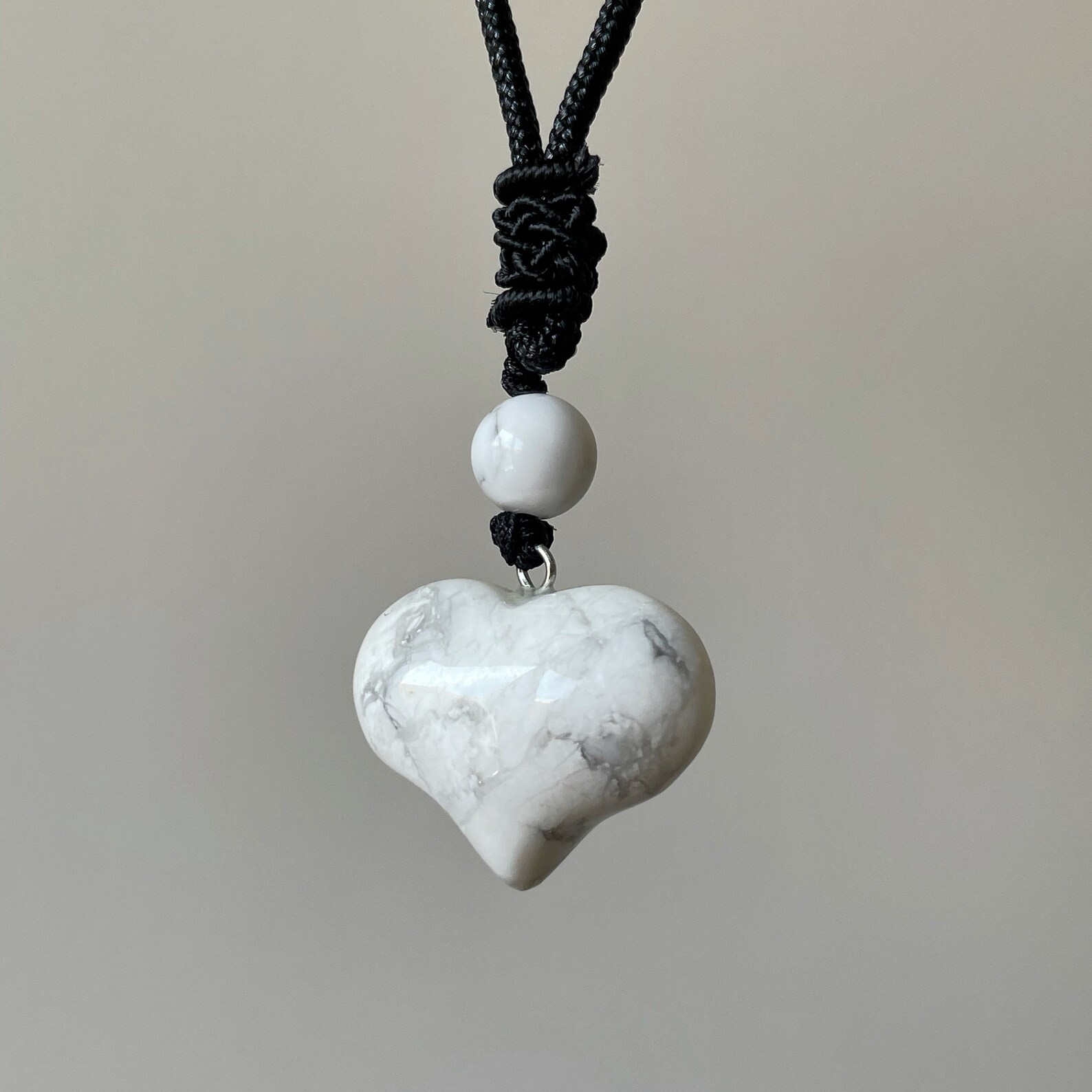 White Howlite Heart Pendant ~ Black Silk Cord Adjustable Length, Gift ...