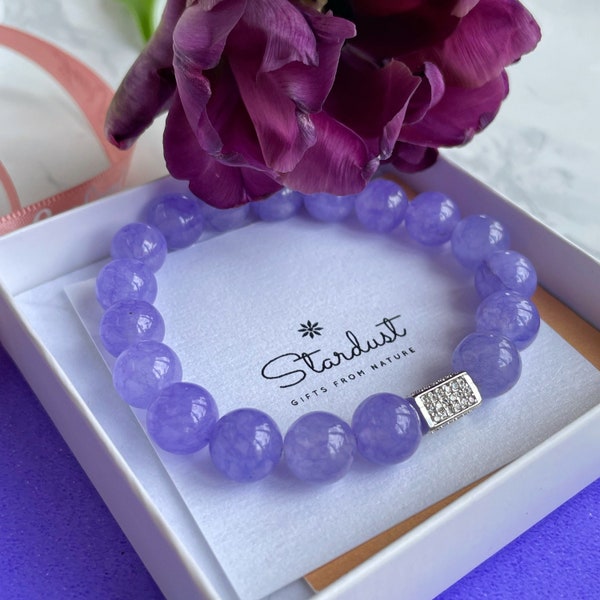 Lavender Jade beaded bracelet, silver zircon bead, Purple Jade bracelet, gift for teacher