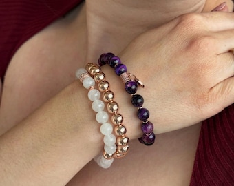 Purple Natural Stone Bracelet Set, Rose Gold Heart Gemstone Bracelet, Handmade Beaded Gemstone Bracelet Set