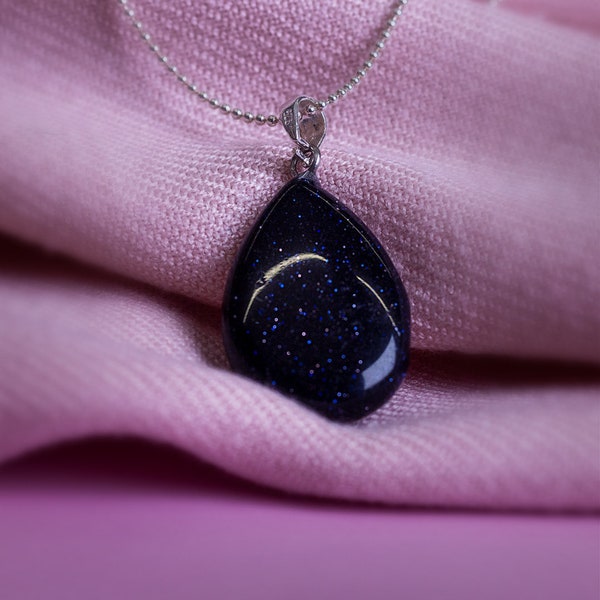 Healing Blue Sand Goldstone Drop Pendant, Gift for her, Natural Stone Jewelry, black sparkles stone, Graduation gift, Valentines day jewelry