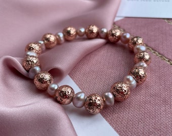 Rose gold bracelet with purple freshwater pearls, Lava stone bracelet for woman, stylish natural stone gift for her