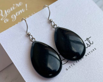 Simple Obsidian drop earrings, Black dangle earrings Steel hooks, Energy protection jewellery, natural gemstone gift