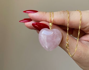 Pink Heart Rose Quartz Pendant, 18k Gold filled 'Wave' chain, rose quartz jewelry, romantic gift for girlfriend