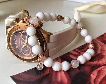 Touch of luxury - WHITE AGATE bracelet with Aqua Aura Quartz, CZ Diamonds, moonstone and rose gold hematite, luxury gift for woman